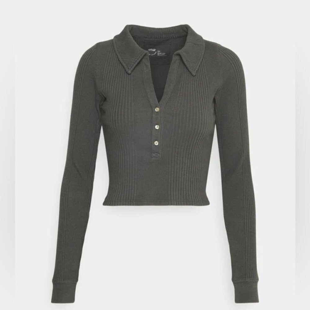 Aerie Women's Polo T-Shirt Ribbed‎ Cropped Long Sleeve Charcoal XL Y2K Preppy